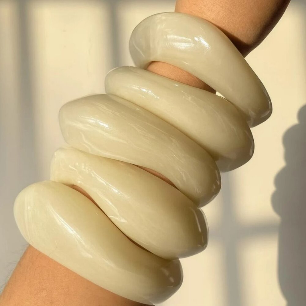 3 pc Ivory White Chunky Hand Polished Marble Resin Irregular Bangles